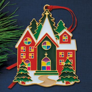 2024 Wallace Christmas Village Church 1st Edition Goldplate & Enamel Ornament image